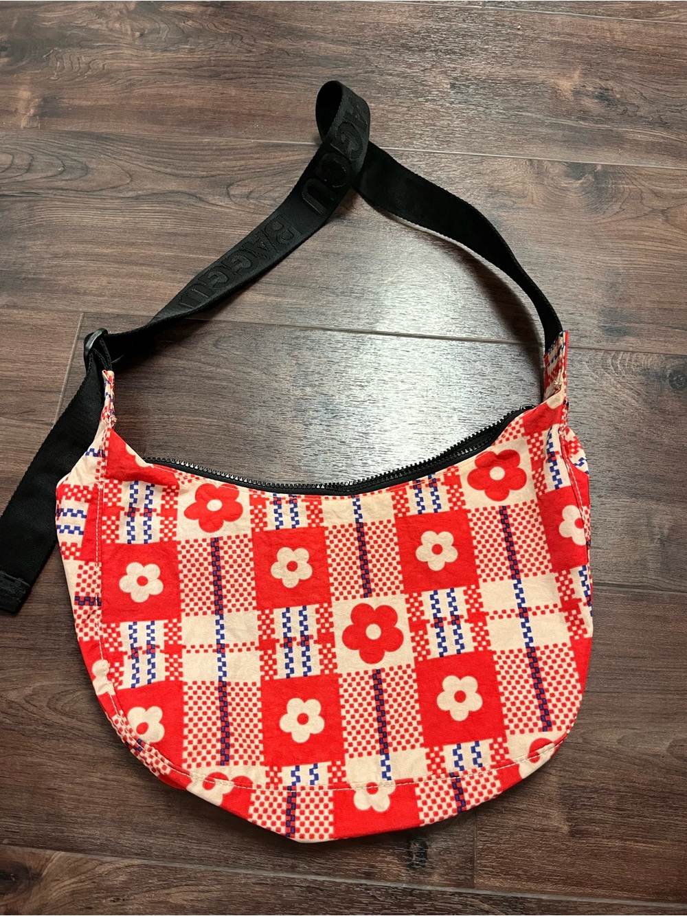 BAGGU Sandy Liang Red and Cream Floral Check Crescent Crossbody